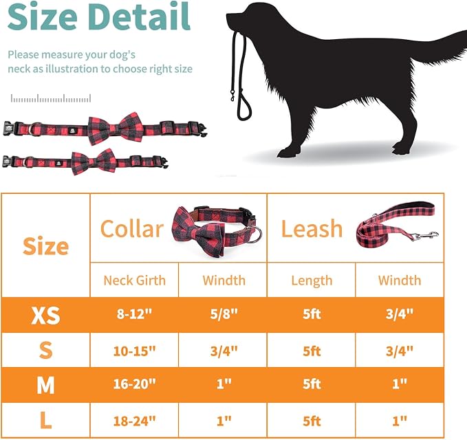 IVY&LANE Dog Collar with Bowtie and Leash Set | Plaid Adjustable Dog Collar | Detachable Bow Tie |5 FT Dog Leash | for Small Medium Large Dogs | Checkered Red | Medium