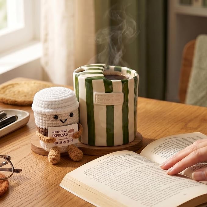 Coffee Lover Gift Set for Women Men, Ceramic Coffee Mug and Handmade Crochet Potato Partner Toy with Positive Card for Friends Teachers Staff Employees Volunteers Birthday Office Desk Decor