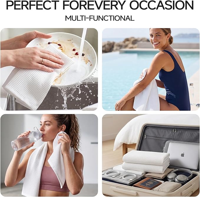 ecolook 6-Piece Waffle Weave Towel Set, 100% Cotton, Lightweight, Absorbent & Quick-Drying, 2 Bath Towels (31×63 in), 2 Hand Towels, 2 Washcloths, Lint-Free for Bathroom, Pool, Gym, Travel - White