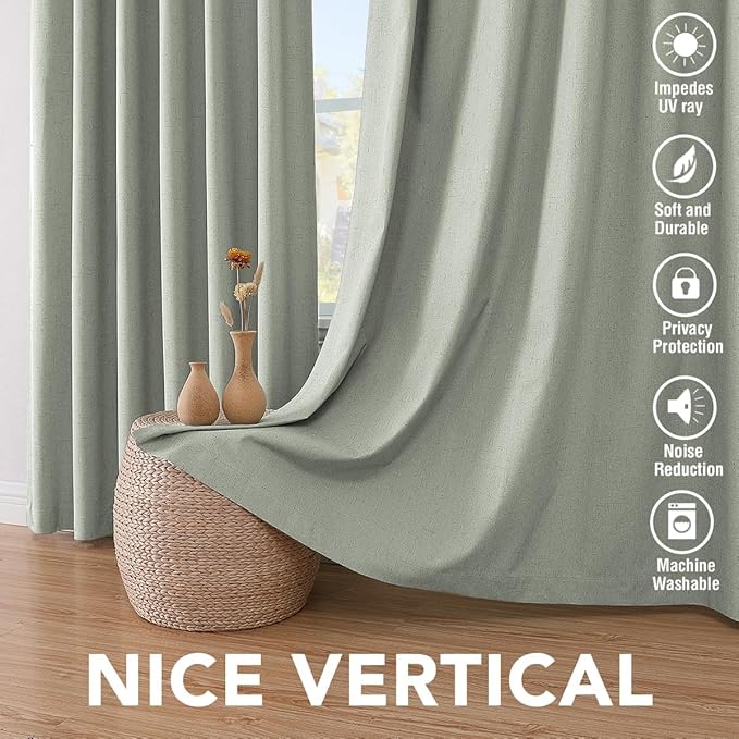 H.VERSAILTEX Linen Curtains 100% Blackout Curtains for Bedroom 90 inch Long Full Light Blocking Nature Linen Blended Window Curtains for Living Room Nickel Grommet (2 Panels, Sage)