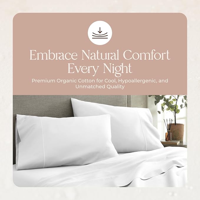 Organic Full Fitted Sheet Only Deep Pocket - 100% Organic Cotton Sheets with Breathable 300 Thread Count Sateen Weave GOTS & Fairtrade Certified - Soft Fitted Bed Sheets Only (White, Full)