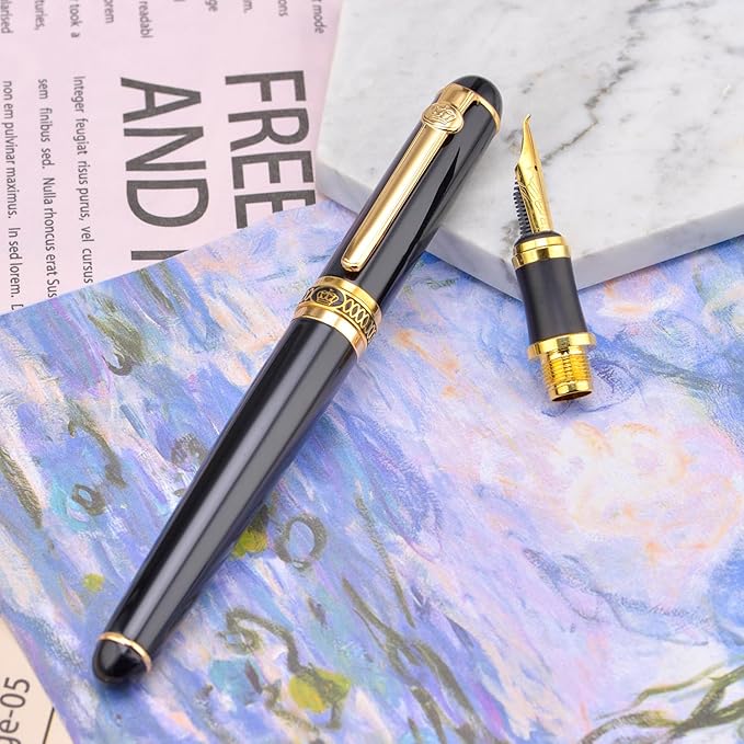 Lanxivi Duke D2 Fountain Pen Black Gold Trim Fine Nib with Additional Fude Nib (Bent Nib) and Converter Calligraphy Art Pen Set
