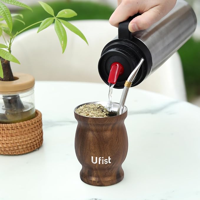 8.4oz Classic Argentina Yerba Mate Cup and Bombilla Set, Includes Stainless Steel Mate Gourd, 2pcs Bombilla Straws and Clean Brush (Wood Grain)