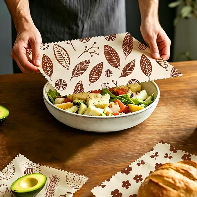 Reusable Beeswax Wraps, 9 Pack Eco-Friendly Food Storage, Organic Cotton Sandwich, Snack, Bowl Covers, Zero Waste, Plastic-Free, Sustainable, 1XL, 3M, 5S (Leaves, Flowers, Bees)