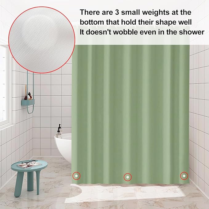 timecity Green Shower Curtain Liner PEVA Bath Curtain with 3 Magnets Thickened Water Proof Quick Drying Shower Curtain Set with 12 White Hooks Plastic Shower Liner for Bathroom Shower,71x71inch