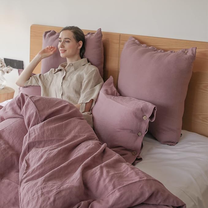 Simple&Opulence 100% Linen Duvet Cover Set 3pcs with Coconut Button Closure Natural French Washed Flax Solid Color Soft Breathable Farmhouse Bedding - Purple, Queen Size