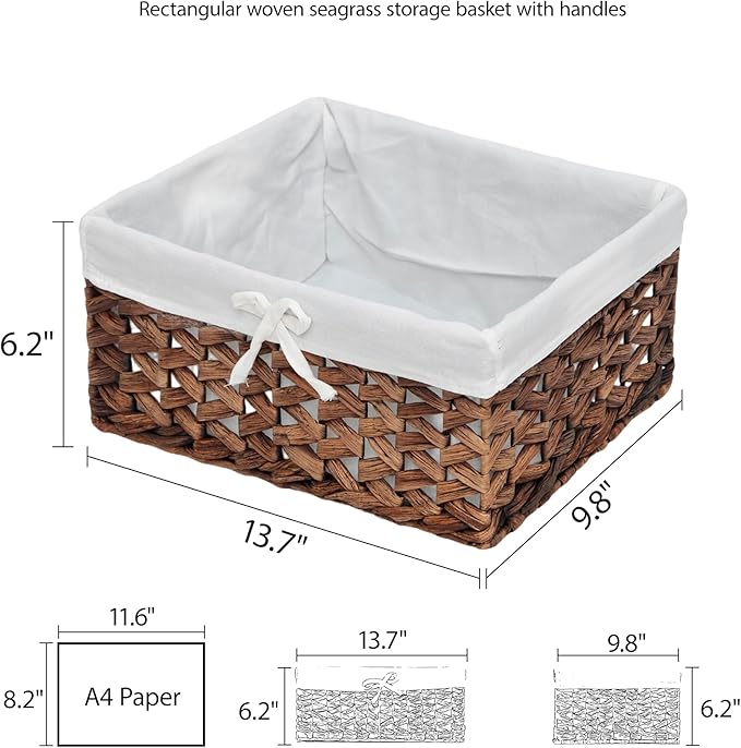 Rectangular Woven Seagrass Storage Bins with Handle,Kingwillow. (water hyacinth, Medium)