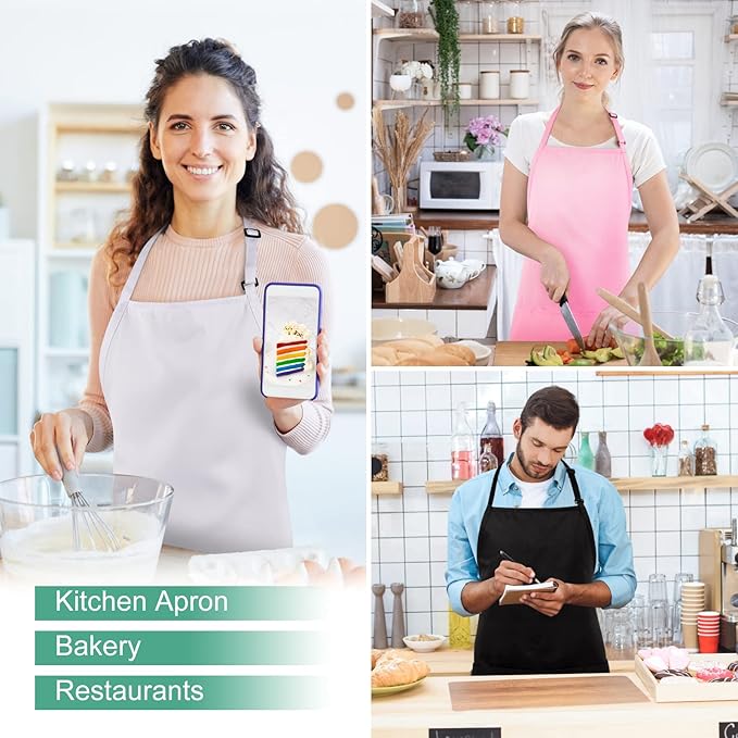 Jubatus 2 Pack 3 Pockets Adjustable Bib Apron Chef Kitchen Cooking Aprons for Women Men, Pink