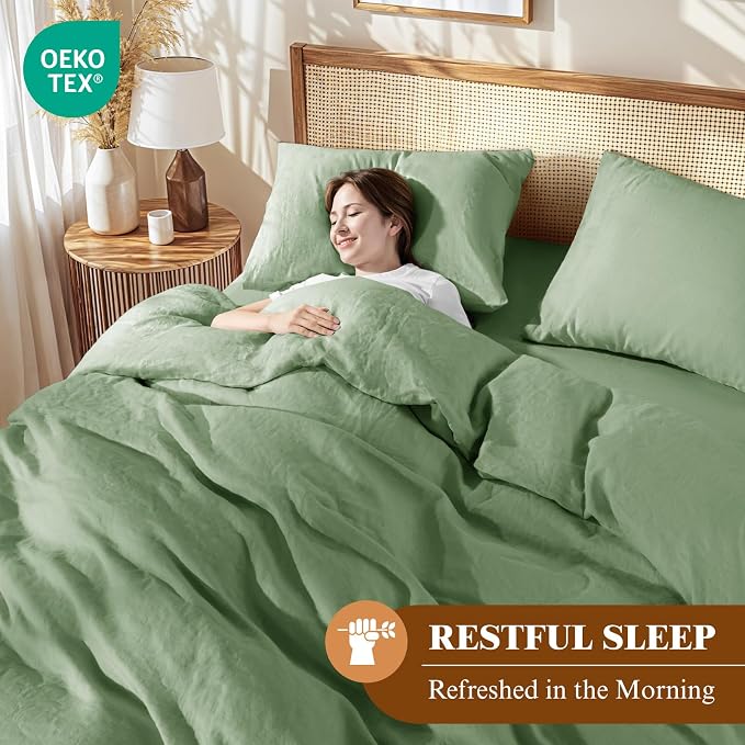 LBRO2M 100% France Linen Duvet Cover Set 3 Pcs Including 1 Flax Comforter Cover with Zipper Closure, 2 Pillowcase, Cozy Duvet Cover Queen Size Green