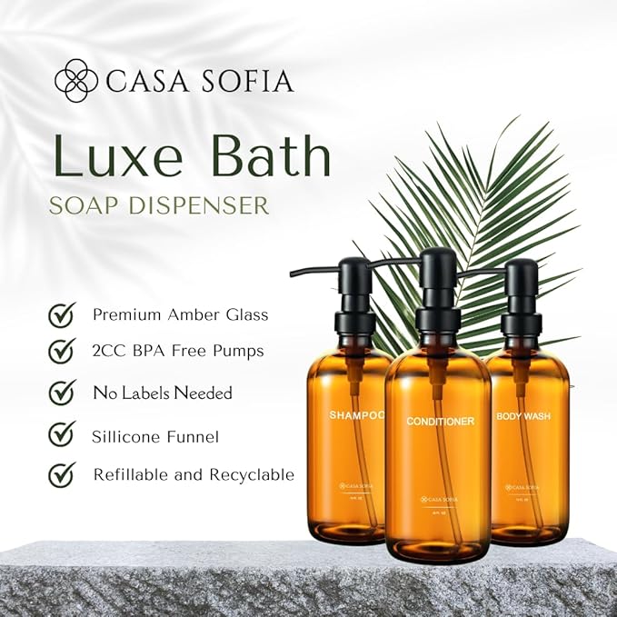 Amber Glass Shampoo and Conditioner Dispenser Set – Refillable 16 oz Pump Bottles with Concrete Tray – Luxury Bathroom Organization & Modern Shower Soap Dispensers