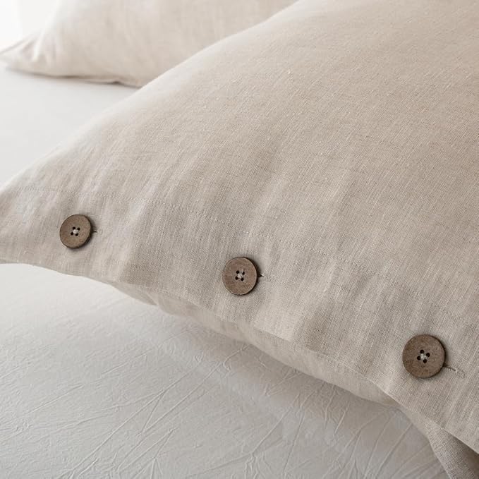 EVERLY 100% Linen Pillowcases Set of 2, French Linen from Normandy, 20X26Inch Standard Size, Natural Color, Coconut Buttons Closure, Flax Pillowshams-Pillowcase-Linen