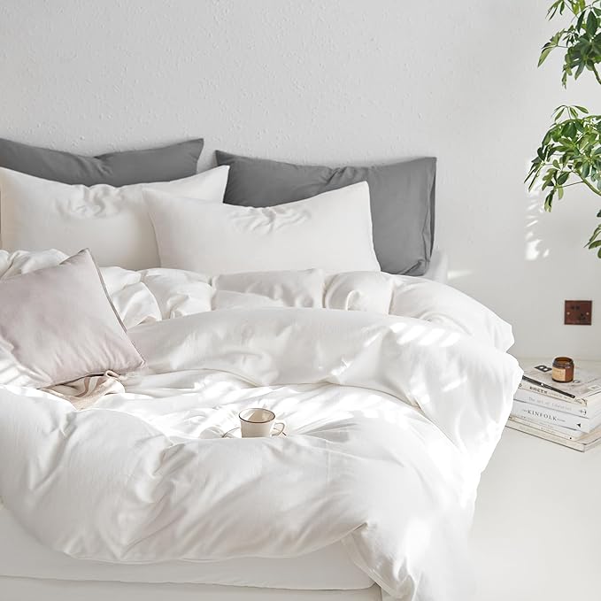 MooMee King Duvet Cover Set, 100% Washed Cotton Linen Like Twill Thick Sturdy Material Super Soft Breathable Durable Bedding for All Season, 3 Pieces (Off White, King 104"x90")