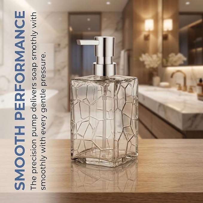 Clear Glass Soap Dispenser with Pump Geometric Texture Refillable Decorative Hand Soap Dispenser for Bathroom Kitchen Countertop