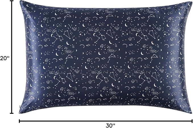 ALASKA BEAR Luxury Silk Pillowcase for Beauty Sleep, Genuine 22 Momme Mulberry Silk Pillow Case Slip for Room Decor, Navy Constellation Floral Pattern Printed, Queen Size (1pc, Gift Box)