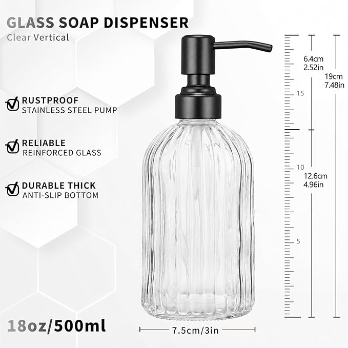 2 Pack Clear Glass Hand Soap Dispenser Set 18oz Bottle with Matte Black 304 Rustproof Stainless Steel Pump for Kitchen and Bathroom