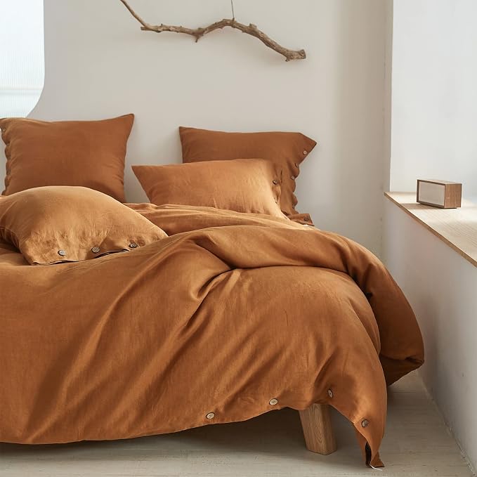 Simple&Opulence 100% Linen Duvet Cover Set 2pcs with Coconut Button Closure Natural French Washed Flax Solid Color Soft Breathable Farmhouse Bedding - Rust, Twin Size