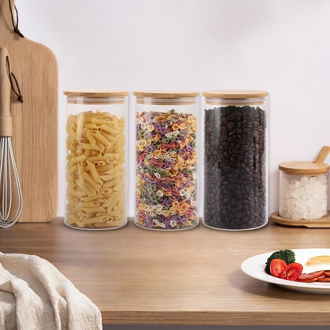 ABuff 3 Pack 44oz Glass Jars with Lids, Round Glass Storage Containers, Clear Food Storage Jars with Airtight Bamboo Lid for Dry Food Cereal Oat Sugar Tea Coffee Beans Sugar