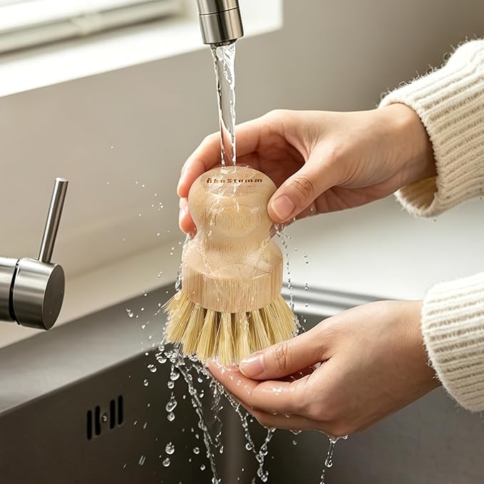 2 Pack Bamboo Dish Brush with Drain Holder - Natural Scrub Brush for Dish with Sisal Bristle, Wooden Dish Scrubber for Kitchen Cleaning Dishes, Pots, Pans and Vegetables