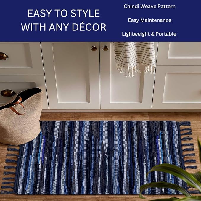 Cotton Chindi Rug - Boho Rustic Area Accent Throw Rug - Area Floor Carpet for Bedroom Living Room Kitchen Dorm Entryway Hallway - 20x32 inch Hand Woven Reversible Area Rug Blue Multi