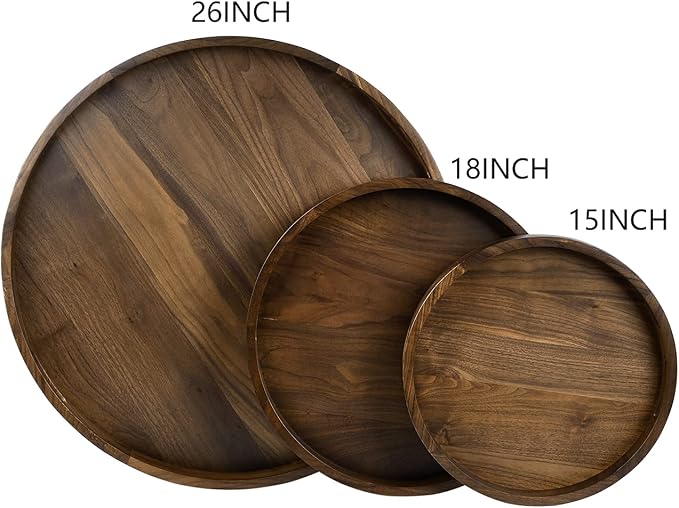 15 x 15 inches Round Ottoman Table Tray, Wooden Solid Black Walnut Circle Platter Decorative Serving Tray with Handle for Oversized Ottoman Home Breakfast in Bed Tea Coffee