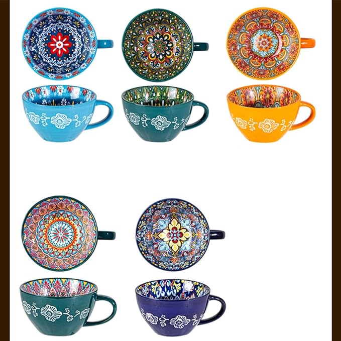 Bohemian Hand-Painted Ceramic Mug, 15 Oz Large Coffee Cup for Milk, Tea, and Breakfast, Dishwasher & Microwave Safe Artisan Cup, Baby Blue