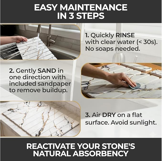 Stone Dish Drying Mat for Kitchen Countertop 24x16 Large Diatomaceous Earth Quick-Dry Absorbent Foldable Non-Slip Organizer for Dishes Glasses Utensils with Coaster Pads Gold Veined Marble