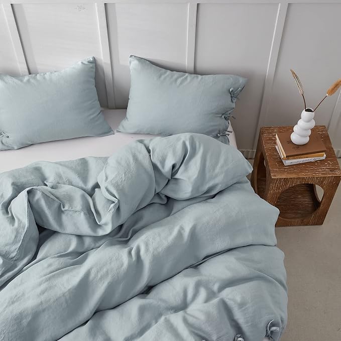 Simple&Opulence 100% Linen Duvet Cover Set 3pcs with Bowknot Ties Closure Natural French Washed Flax Solid Color Soft Breathable Farmhouse Bedding - Dusty Blue, Queen Size