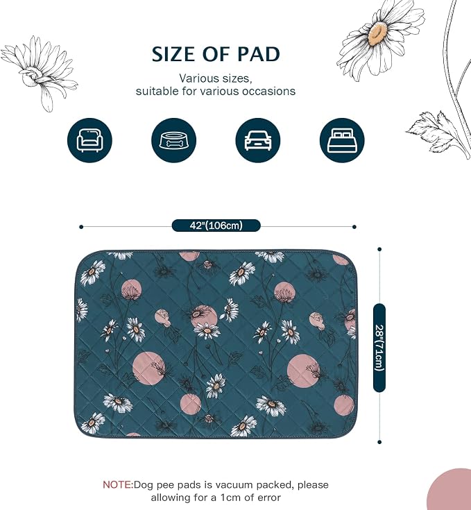 IEUUMLER Washable Pee Pads for Dogs, 2 Pack Non-Slip & Waterproof Pack Whelping Pad, Reusable Washable Puppy Potty Training Pad with Fast Absorbent for Playpen EU007 (Navy Blue Daisy, 42"X28"-2pcs)
