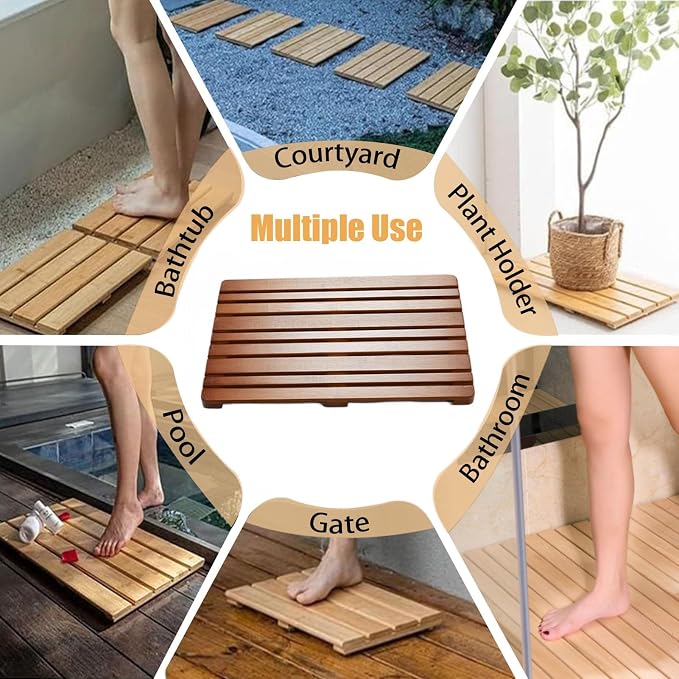 Rectangle Shower Mat Bamboo, Stable Bath Mat Dual Anti-Slip for Surface Bottom, Wide Slats Hollow Bathroom Drain Board for SPA Zone(White)