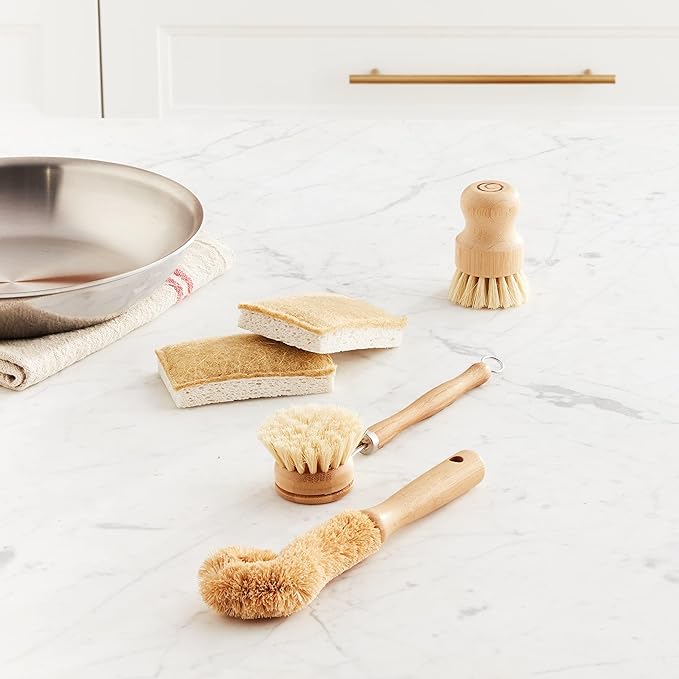 Tieralia Bamboo Dish Brush Gift Set โ 5-Piece Kitchen Cleaning Set with Bottle Brush, Round Scrub Brush, Palm Brush & 2 Plant-Based Sponges | Wooden Handle Cleaning Tools for Dishes & Surfaces