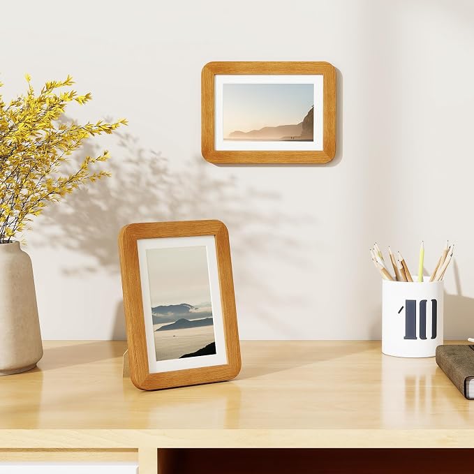 Fun Memories 5x7 Picture Frame - Solid Teak Wood Frame, 5x7 Photo Frame with Mat for 4x6, 5 By 7 Picture Frame with Tempered Glass & Rounded Corners, Tabletop and Wall Display, Natural Teak