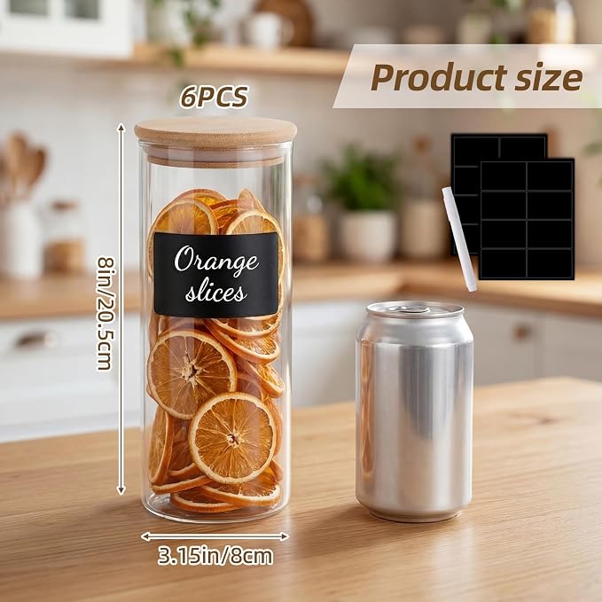 TOMNK 6pcs Glass Food Storage Jars, Kitchen Containers with Airtight Bamboo Wooden Lids for Pasta, Cookies, Nuts, Coffee Beans.