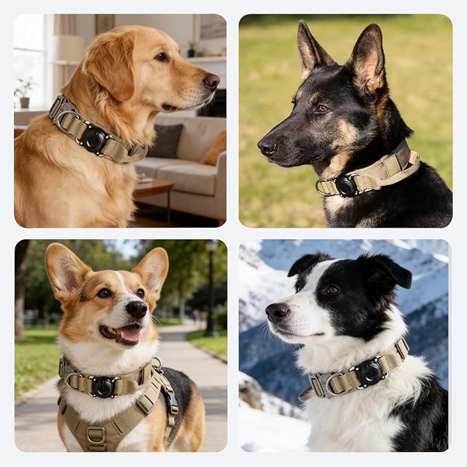 Upgraded AirTag Dog Collar,Waterproof Tactical Dog Collar with AirTag Holder, Control Handle and Metal Buckle,Heavy Duty Dog Collars for Large Dogs(Brown,XL