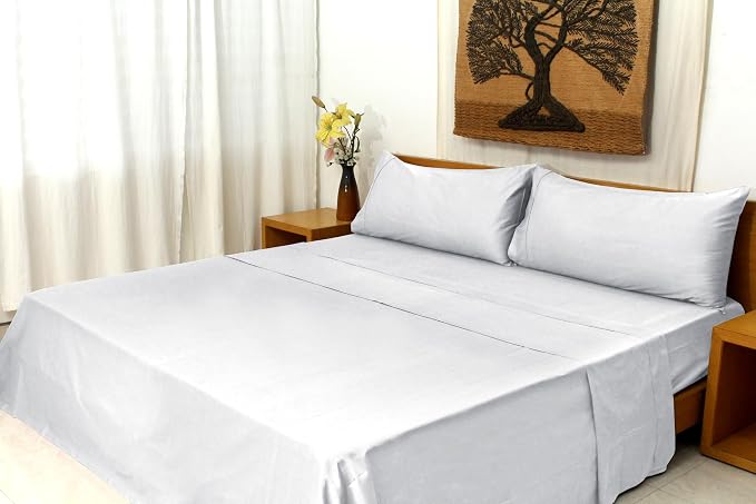 Organic Cotton Long Staple Silky Soft Single Pick Sateen Bed Sheet Set - Luxurious & Premium Hotel Quality - GOTS Certified - Solid Dyed (Grey Dawn, Queen (U.S. Standard))