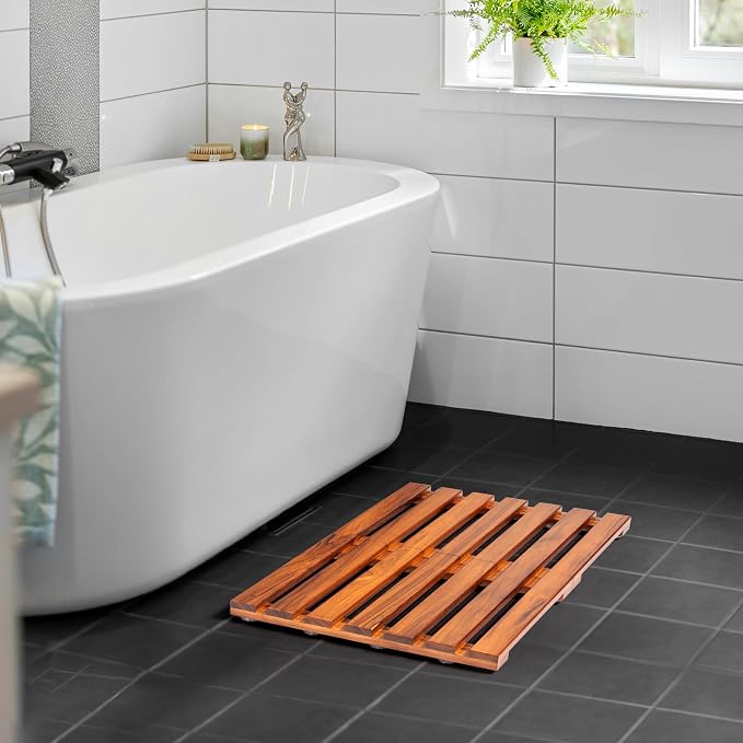 Premium Teak Shower Mat - 21" x 14" Non-Slip Wooden Bath Mat for Bathroom Floor, Fast-Drying Spa-Style Solid Wood Duckboard, Indoor & Outdoor Use