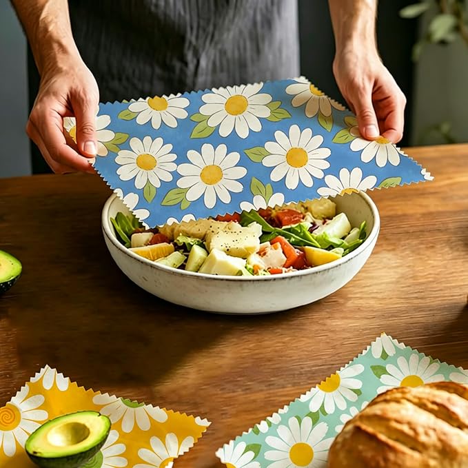 Reusable Beeswax Wraps, 9 Pack Eco-Friendly Food Storage, Organic, Sustainable, Zero Waste, Plastic-Free, Sandwich, Bread, Bowl Cover, 1XL, 3M, 5S, Blue Green Yellow Daisy Pattern