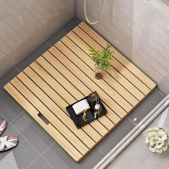 Teak Shower Mat Foldable Luxury Wooden Non-Slip Wood Bath Mat for Bathroom Bathtub Indoor Outdoor,Non-Slip Bamboo Bath Mat with Handle, Rectangular Shower Slat, Spa Bathtub Mat, Kitchen & Do