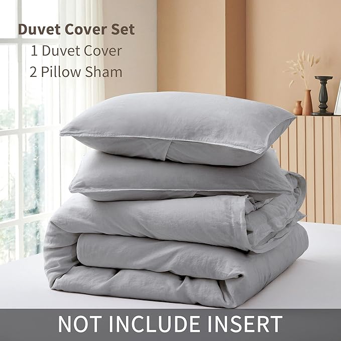 ATLINIA 100% Flax Linen Duvet Cover Set - Stone Washed Pure French Linen Organic Fabric for Farmhouse Comforter Boho Bedding Included 1 Duvet Cover 2 Pillow Shams(Light Grey, Queen)