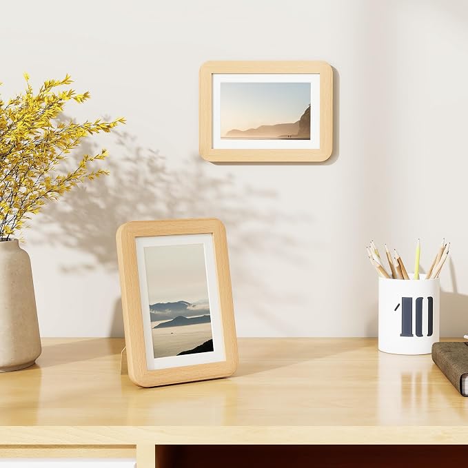 Fun Memories 5x7 Picture Frame - Solid Beech Wood Frame, 5x7 Photo Frame with Mat for 4x6, 5 By 7 Picture Frame with Tempered Glass & Rounded Corners, Tabletop and Wall Display, Natural Beech