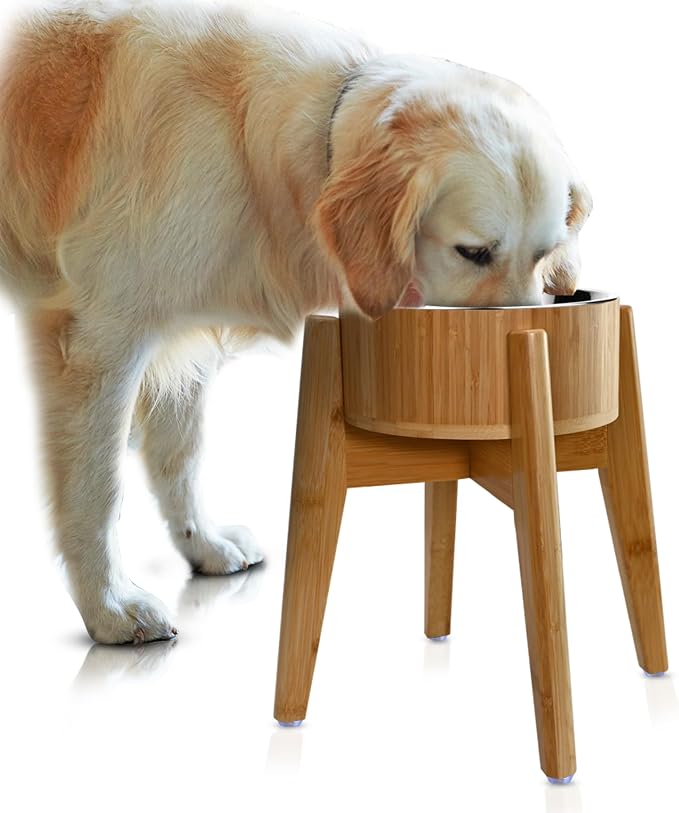 Elevated Dog Bowls for Large Breed - 15-Inch High - 74oz | Raised Dog Bowl Stand Made of Bamboo and Steel - Suitable for Water Dry Wet Foods