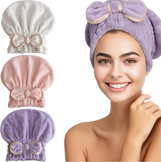 Jseng Microfiber Hair Towel Caps for Wet Hair with Cute Bowtie, 3Packs Fast Drying Hair Towel Caps for Long Curly Hair Women