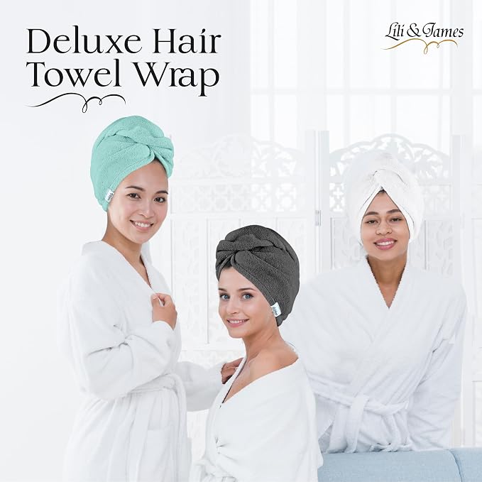 Lili&James 100% Cotton Hair Towel Wrap for Women & Kids β 420 GSM Quick Dry Hair Turban with Double Button Loop, Anti Frizz Non Microfiber Hair Drying Towel for Long & Thick Hair (White+Grey+Aqua)