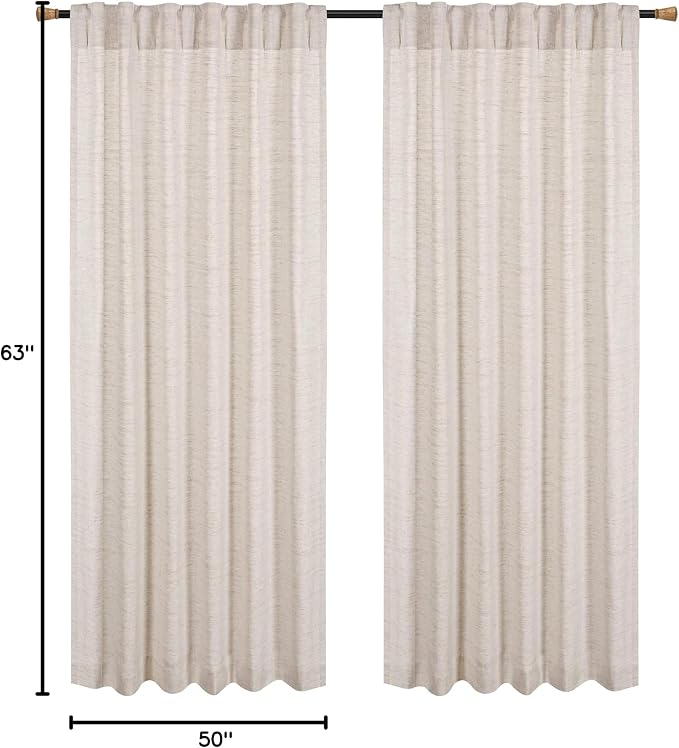 Farmhouse Linen Curtains 50x63 Inch Set of 2 Panels, Natural Flax Poly Slub Tab Top Drapes, Light Filtering Room Darkening Curtains for Bedroom & Living Room – Rustic Natural Window Treatment
