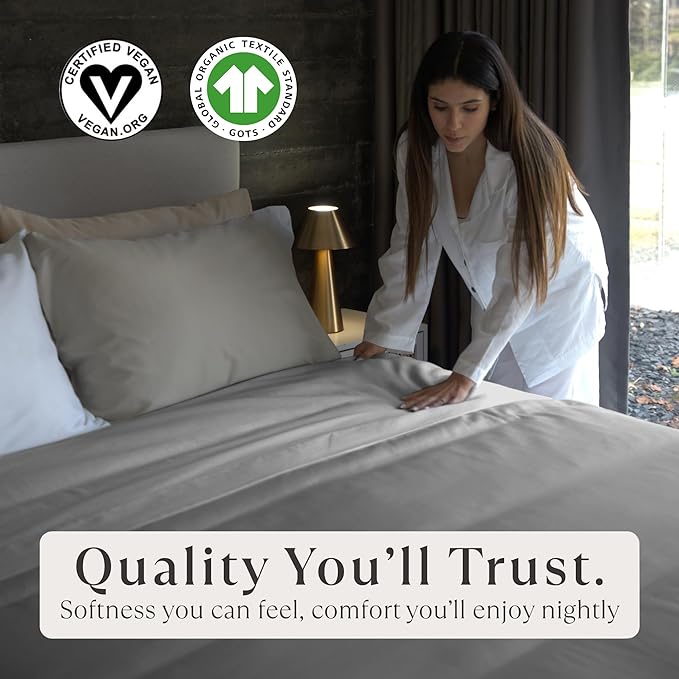 Delilah Home 100% Organic Cotton Duvet Cover, GOTS & Vegan.org Verified, Long Stem 300 TC Sateen Bedding, Non-Synthetic, Deep Pocket Fitted Linen, Lightweight, All-Season, 1 Piece Queen Size - Grey