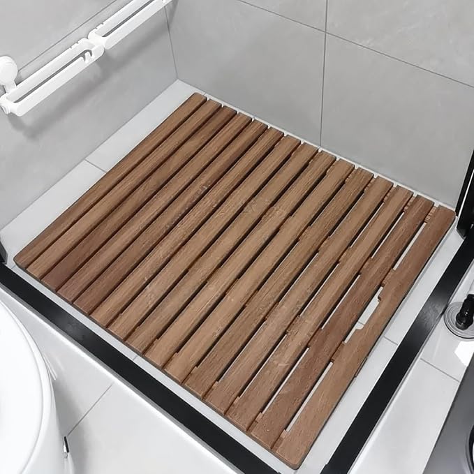 Teak Shower Mat Foldable Luxury Wooden Non-Slip Wood Bath Mat for Bathroom Bathtub Indoor Outdoor,Teak Wood Bath Mat - 21x34 Inch Solid Wood Shower Floor Mat, Anti-Slip Design with Center Dr