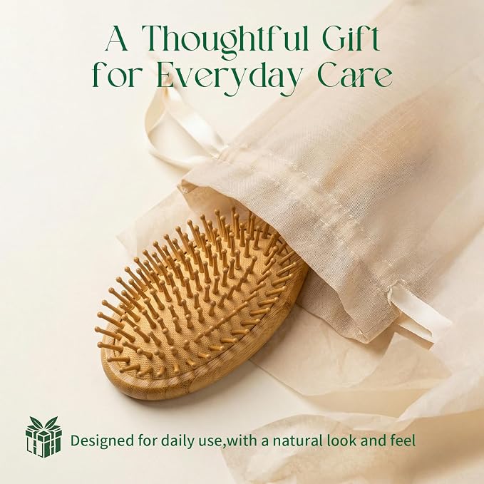 Bamboo Hair Brush - Natural Wooden Paddle Brush for Women & Men, Rounded Bamboo Bristles for Scalp Massage & Detangling, Gentle Hairbrush for All Hair Types