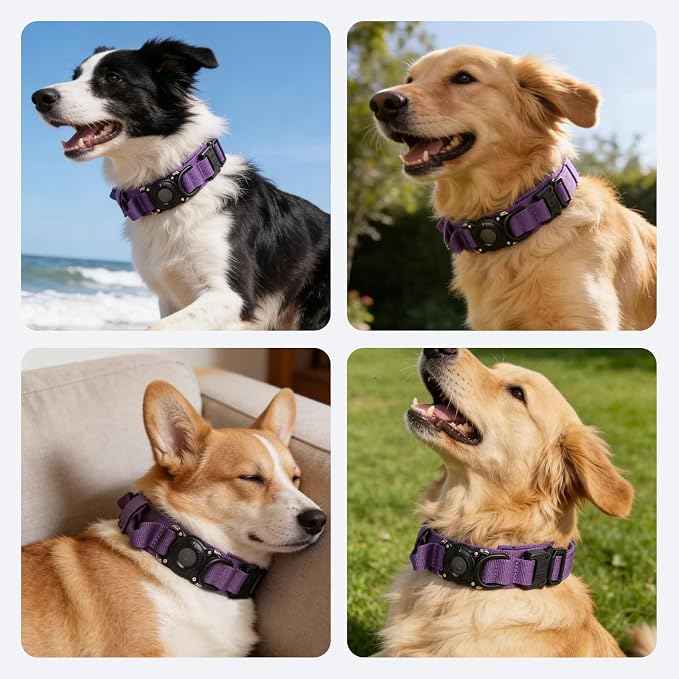 Upgraded AirTag Dog Collar,Waterproof Tactical Dog Collar with AirTag Holder, Control Handle and Metal Buckle,Heavy Duty Dog Collars for Large Dogs Adjustable Heavy Duty Dog Collars(DeepPurple,L