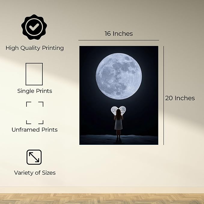 InkFlow Posters Moon and Heart Typography Poster - Romantic Night Sky Illustration - Modern Love Wall Art for Bedroom, Living Room, Home - 16x20 Unframed Canvas Print