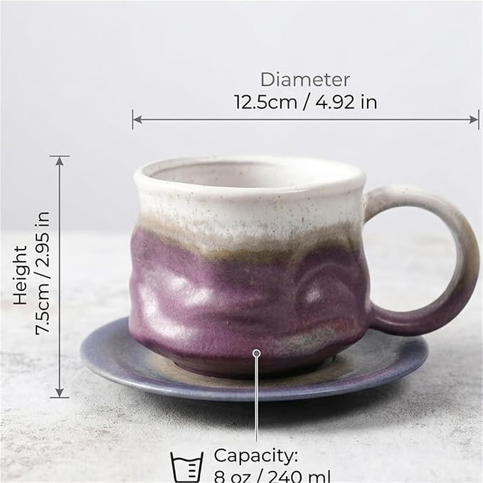 Handmade gradient ceramic coffee cup and saucer set, 8-ounce ceramic mug, distinctive glaze technology, microwave/dishwasher safe for coffee, tea, latte, rustic craftsman style(Gradient purple)