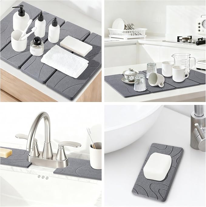 3 PCS Large Stone Dish Drying Mat for Kitchen Counter, Quick Dry Stone Dishes Mats, Sink Faucet Mat, Minimalist Water Absorbing Diatomaceous Earth Drying Pad for Countertop Tableware, Bottles